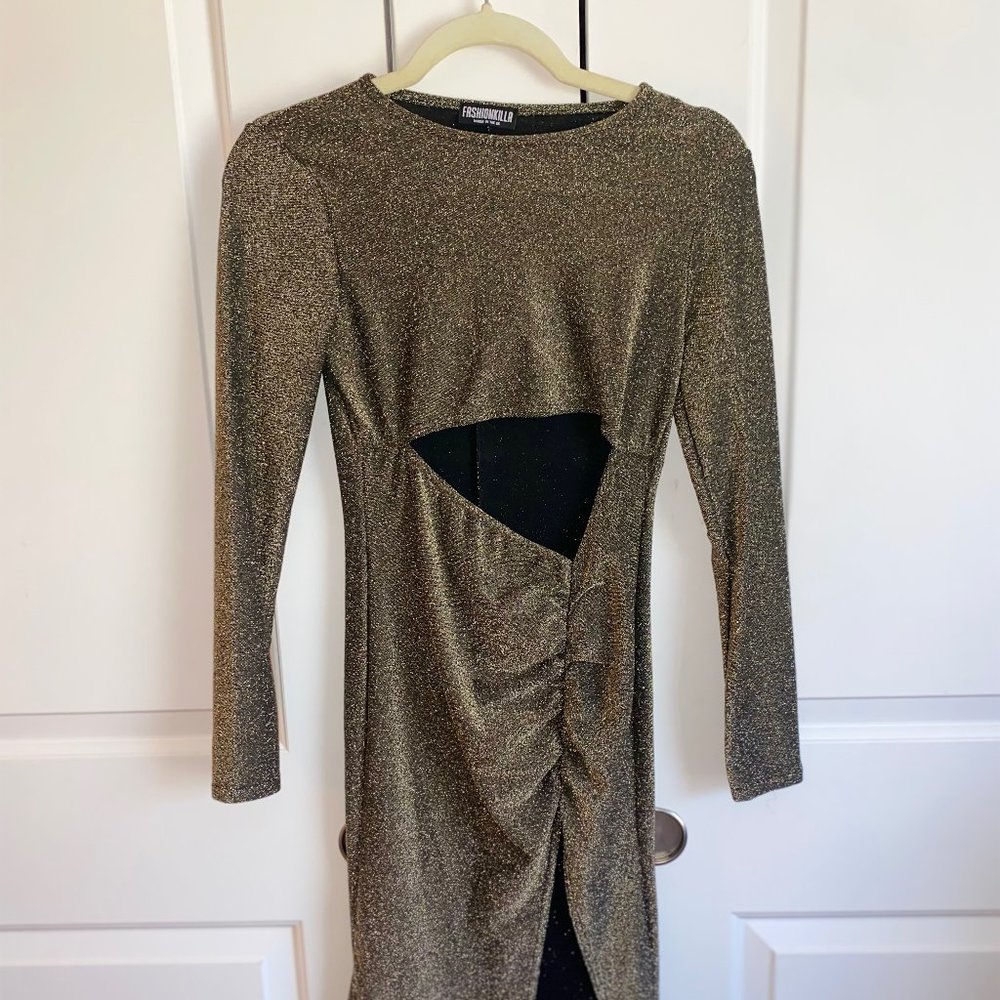 ASOS Fashionkilla Black Gold Glitter Cutout Dress Never Work Size 10